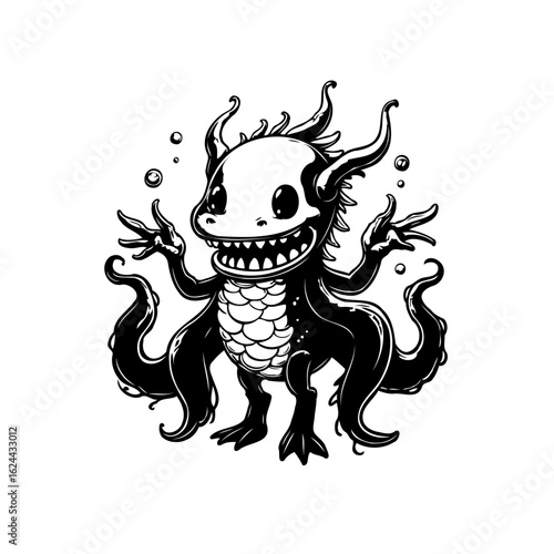Whimsical monochrome drawing of a cartoon monster showcasing its playful personality with octopus limbs and mischievous grin