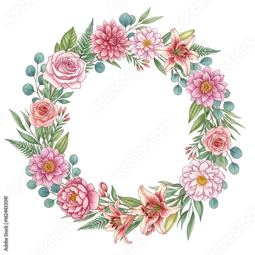 Floral wreath with pink roses lilies dahlias and green leaves decorative round frame for invitations and greeting cards design