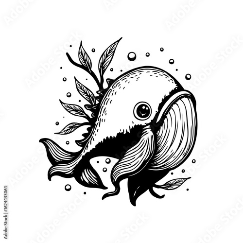 Mystical underwater illustration featuring a whale swimming amidst aquatic plants and delicate bubbles enchanting sea life