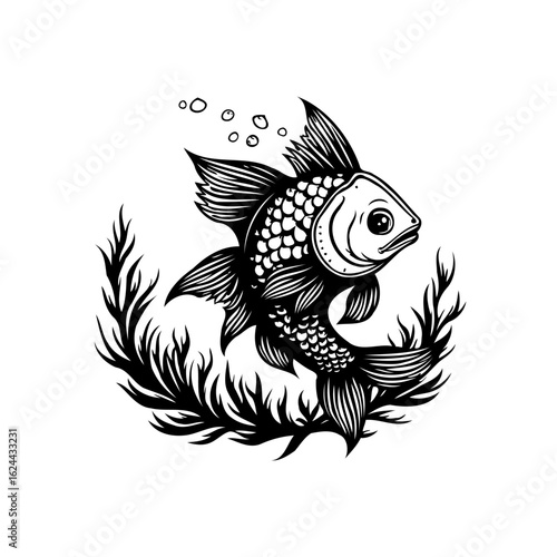 Detailed monochromatic drawing illustration of a fish swimming gracefully among underwater vegetation enhancing serene aquatic environment illustration