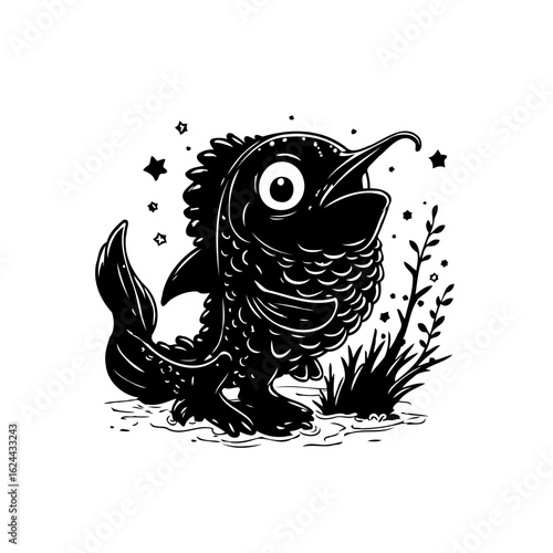 A whimsical creature emerges from the depths: An illustration of an imaginary animal with aquatic features in black and white style