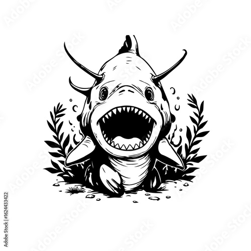 Cartoonish shark character illustration showcasing whimsical sea creature with distinctive features and expressive eyes