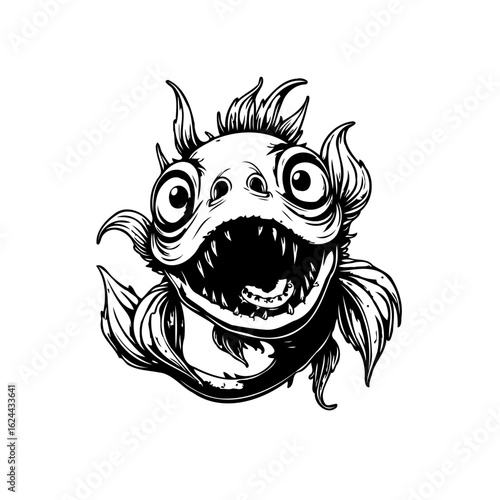 Humorous fish illustration showcases sharp teeth bulging eyes and distinctive fins in monochrome style vector
