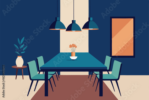 dining room with large wooden table  hanging light.eps