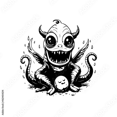 A whimsical black and white cartoon monster illustration showcasing a unique character design and imaginative artistry with spooky details