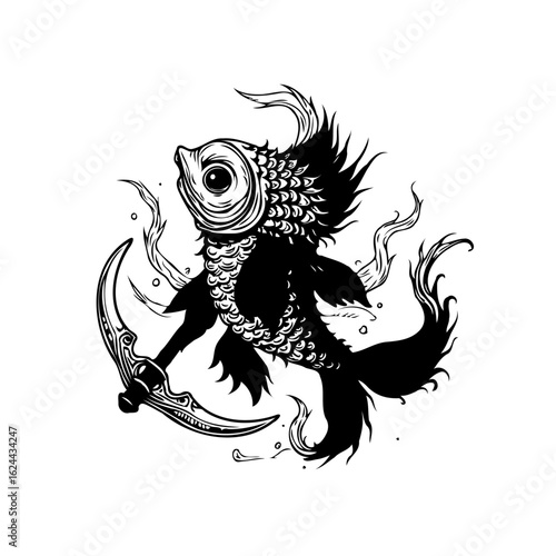 Stylized fish holding ornate knife underwater artwork portraying a fantastical marine creature illustration with elaborate details