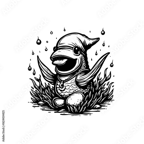 Whimsical creature emerges from textured grass under rain in black and white illustration showcasing unique charm