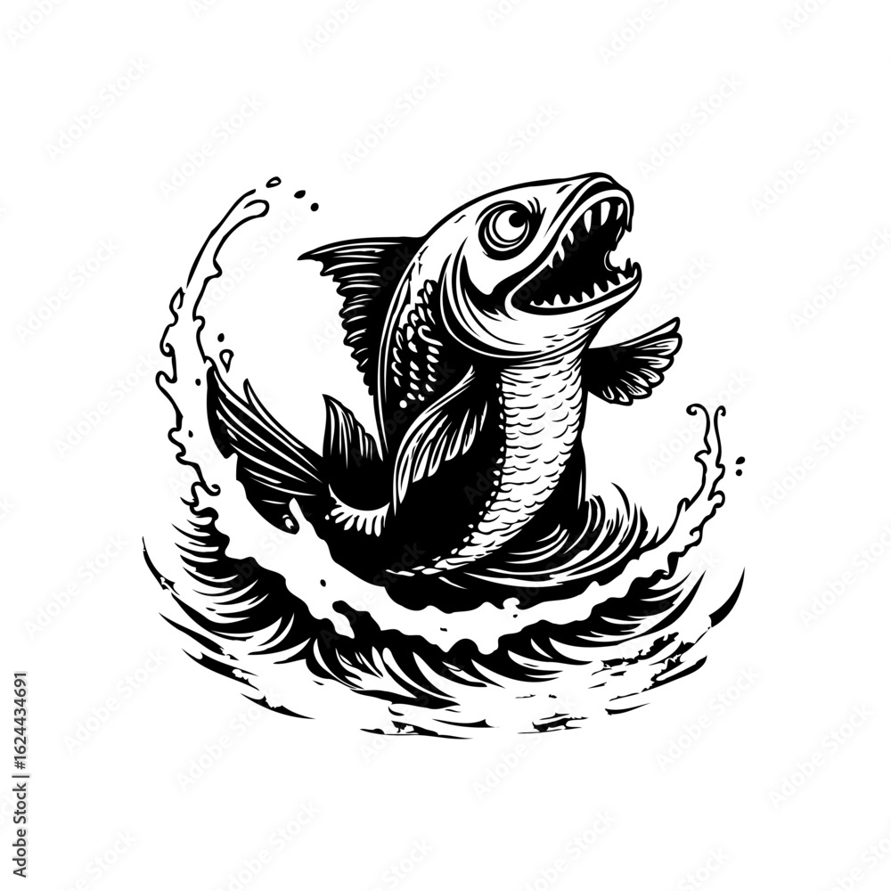 Fototapeta premium A captivating monochrome vector illustration of a ferocious fish emerging from stylized waves showcasing artistic design