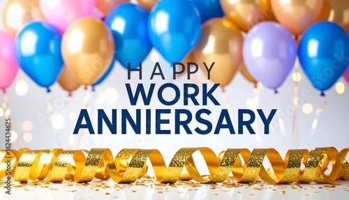 Festive work anniversary card with balloons and ribbon