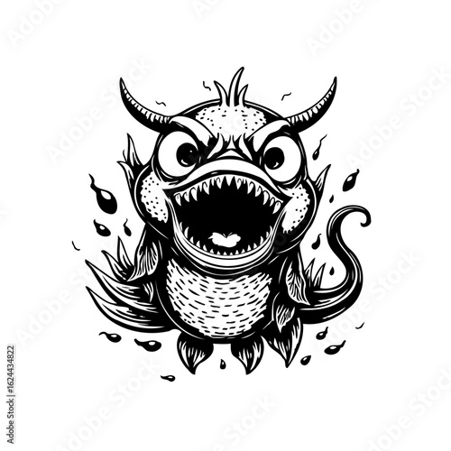 Cartoonish depiction of an angry horned monster with a toothy grin and a curled tail design