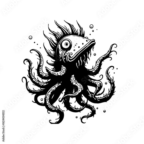 Stylized bizarre creature combining fish and octopus in black and white vector illustration for diverse art use