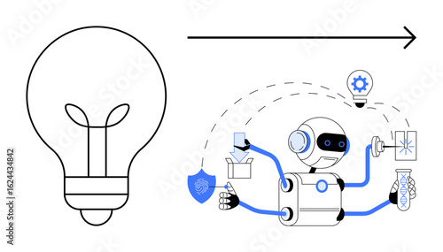 AI robot performs tasks including research, protection, and innovation while creating a light-bulb idea. Ideal for technology, creativity, automation, problem-solving, AI development, innovation