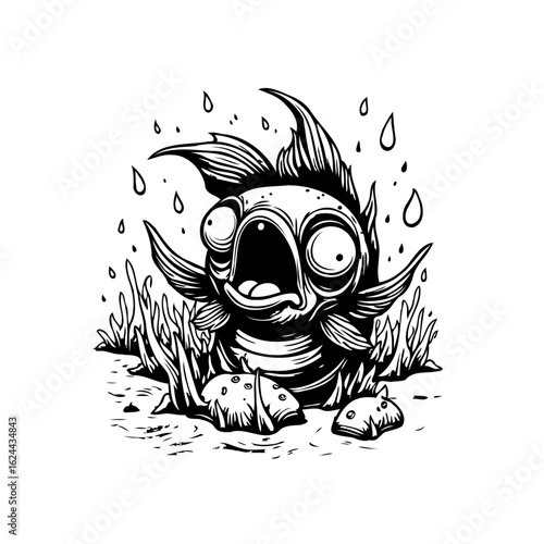 A whimsical and humorous monochrome illustration of a surprised cartoon fish caught in the rain with rocks