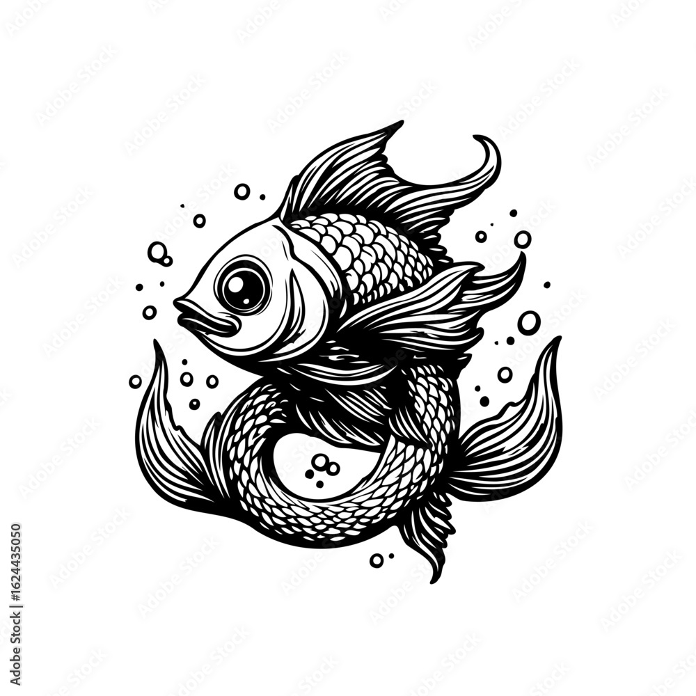 Fototapeta premium Detailed monochrome illustration of a fancy goldfish, elegant fins and scales artistic drawing on the white background