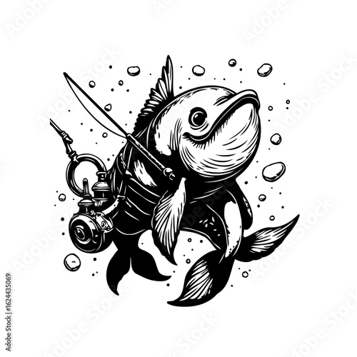 Whimsical illustration of a fish with diving gear swimming underwater and an oil lamp attached, detailed line art