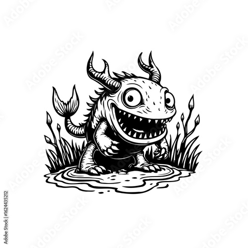 Whimsical creature in monochrome detailed vector illustration of a funny monster with big smile