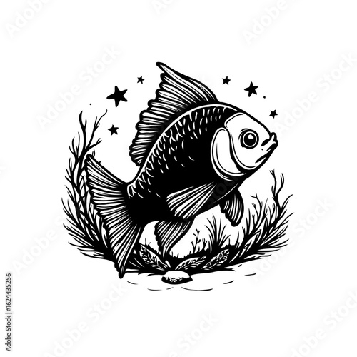 Enigmatic aquatic life illustration showcasing a single goldfish amidst seaweeds and whimsical star elements