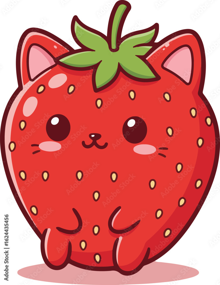 Obraz premium Cute kawaii strawberry cat character illustration. An adorable fruit and animal hybrid mascot with a happy face, isolated on white.