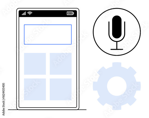 Smartphone screen featuring app layout with grid icons, voice command microphone, and gear symbol. Ideal for technology, app design, user interface, voice control, configuration, innovations simple