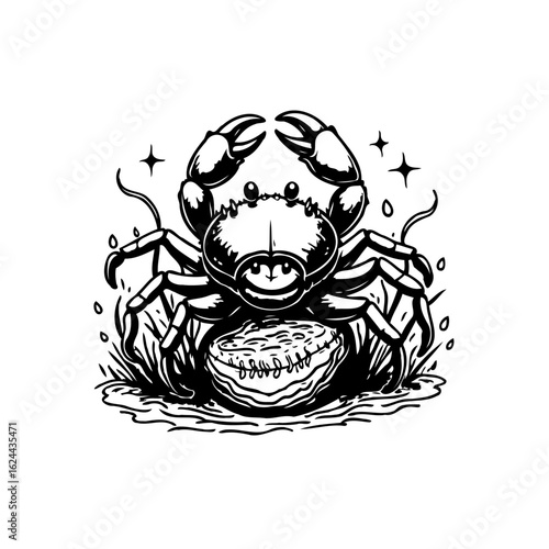 Cartoon style crab illustration with black lines on a white background with bright stars and tasty oysters