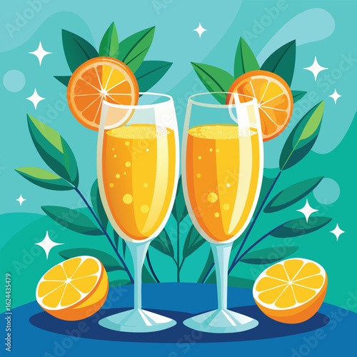 A fresh, seamless vector pattern of champagne glasses with citrus slices of orange, lemon, and lime