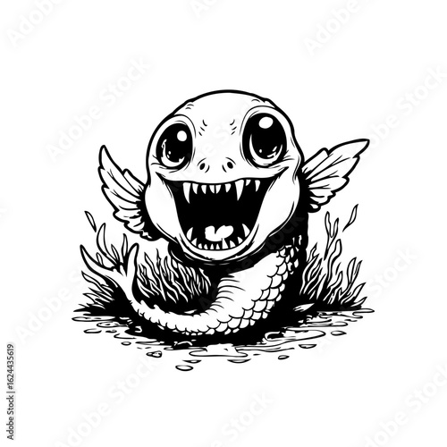 Whimsical aquatic creature with big eyes and scales illustration full of charming details