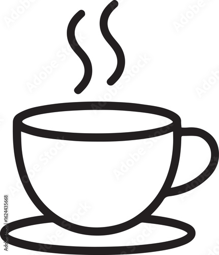 Minimalist line art icon of a steaming hot cup on a saucer, a symbol for a coffee or tea beverage and a relaxing cafe break.