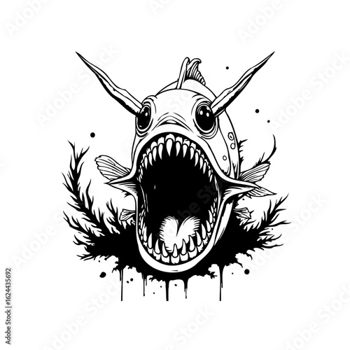 Monochromatic sea creature illustration showcasing a fish with exaggerated features and menacing teeth displaying an open mouth