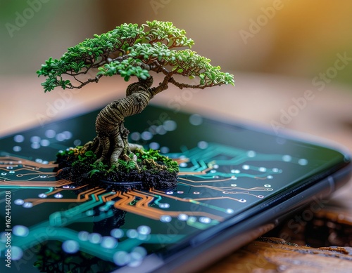 Bonsai tree grows from smartphone screen with glow