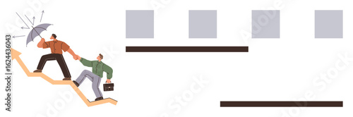 Two people climbing upward on a rising arrow, one shielding from obstacles with an umbrella, the other holding a briefcase. Ideal for teamwork, leadership, growth, protection, support, mentorship
