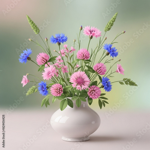Wallpaper Mural Beautiful bouquet of pink and blue wildflowers in white ceramic vase on soft blurred background with green leaves Torontodigital.ca