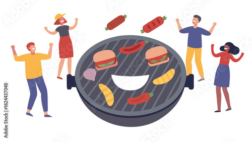 People celebrating around a barbecue grill with burgers sausages and vegetables on a white background