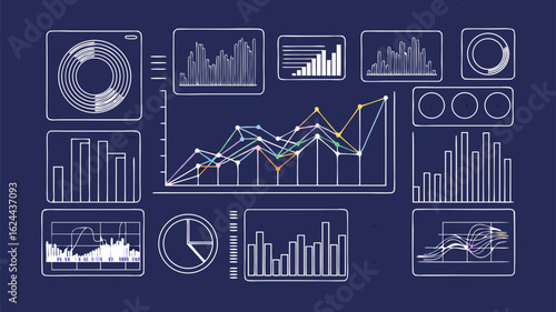 Visual representation of data analytics with charts and graphs on dark blue background