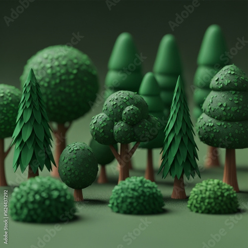 Collection of various green artificial trees and bushes on green background for nature landscape and decoration design concept