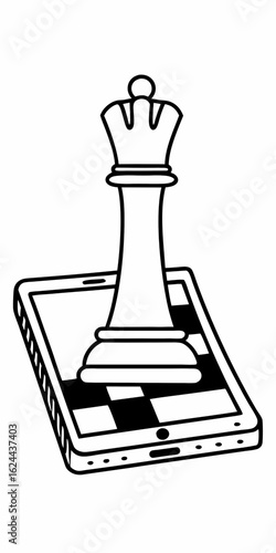 Minimilist a queen chess piece standing on a smartphone screen with a chess board pattern in black and white color vector