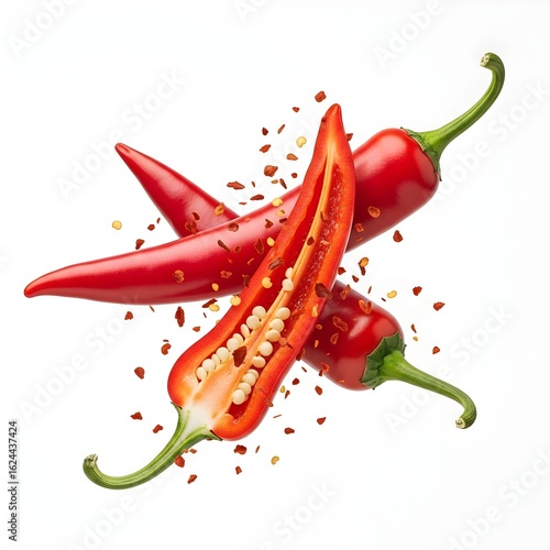 Vibrant Red Chili Peppers with Seeds and Flakes – Spicy Food Concept for Culinary & Advertising Use