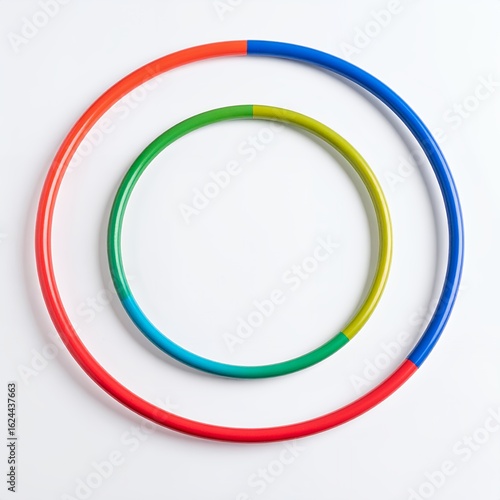 Colorful hula hoops of varying sizes nested together playfully arranged on white background