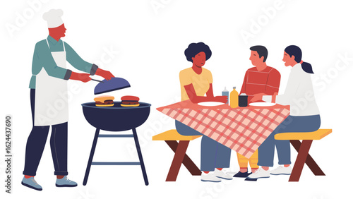 Illustration showing a chef grilling burgers while people sit at a picnic table outdoors eating lunch