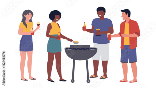 Group of friends enjoying a barbecue with drinks and grilling food in an outdoor setting together happily