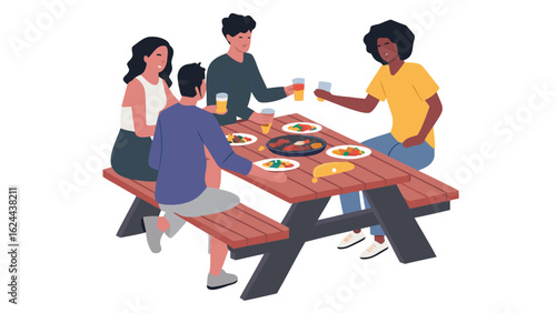 People enjoying a picnic at a wooden table with food and drinks together in an outdoor setting scene