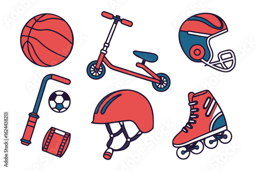 Sports and Recreation Collection: A vibrant collection of sports equipment including a basketball, scooter, helmet, hockey stick, football, soccer ball, and roller skate.