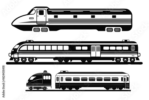 Three distinct styles of modern trains depicted in a minimalist black and white graphic illustration