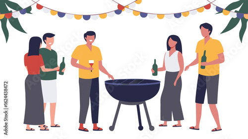 Illustration of people gathering around a grill with drinks and festive decorations hanging above them outdoors
