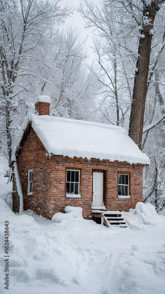 Naklejka premium Charming Brick Cabin Nestled Amidst a Winter Wonderland, its Roof Gracefully Draped in Snow, Offering a Serene Escape in a Picturesque and Tranquil Setting