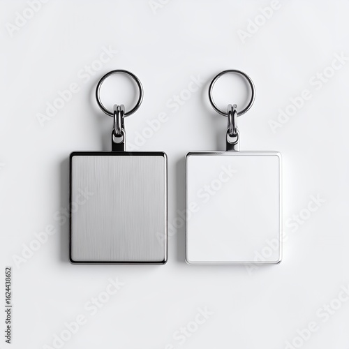 Minimalist arrangement featuring two square keychain blanks, one silver and one white, ideal for customization on white background