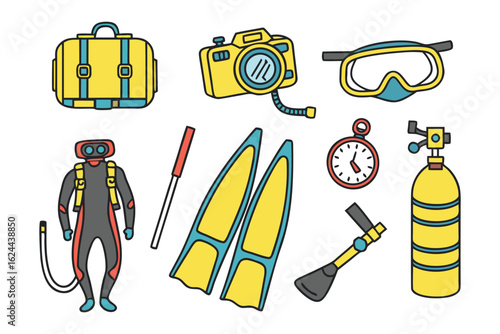 Dive Gear Assortment: A vibrant illustration showcasing an assortment of essential dive gear, including a waterproof camera, a scuba tank, and fins, promising aquatic exploration.