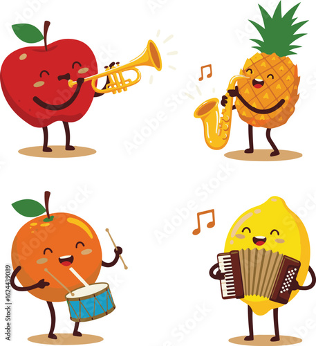 A cheerful cartoon fruit band featuring an apple, pineapple, orange, and lemon playing musical instruments together.