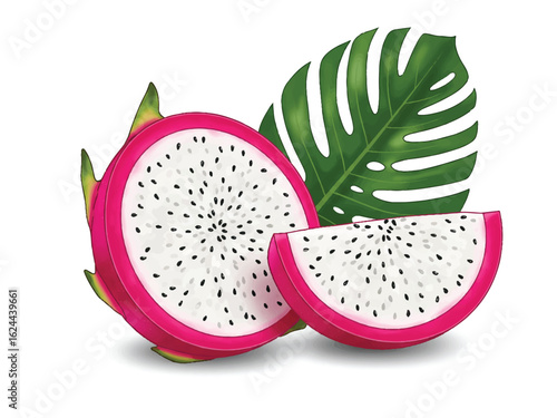 A fresh exotic dragon fruit, sliced to reveal its white pulp and black seeds, set against a vibrant green tropical leaf.
