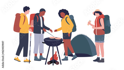 Group of hikers grilling food at campsite with tent and campfire enjoying outdoor recreational activity