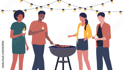 People gathered around a barbecue grill under string lights enjoying an outdoor summer evening party event